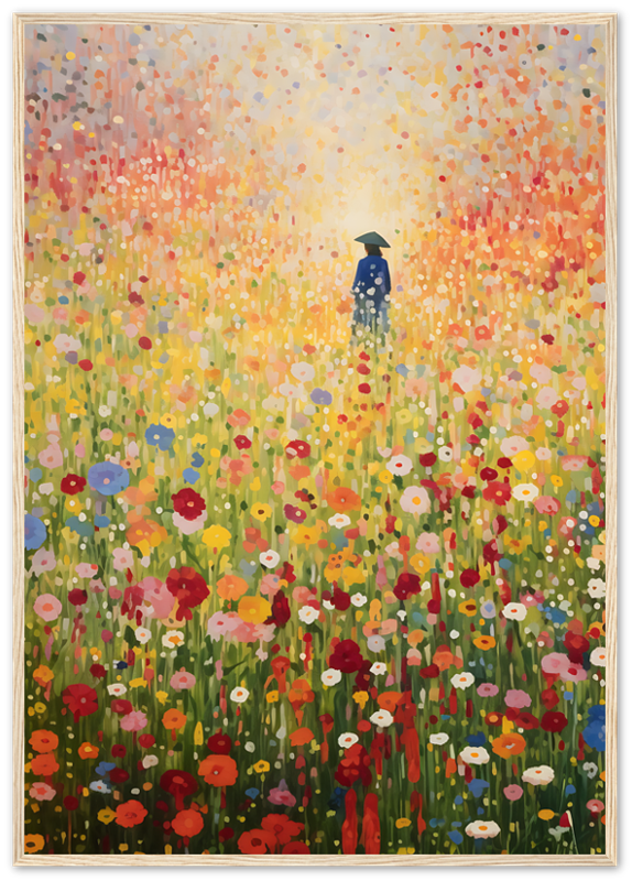 A painting of a person standing amidst a vibrant field of flowers displayed in a white frame.