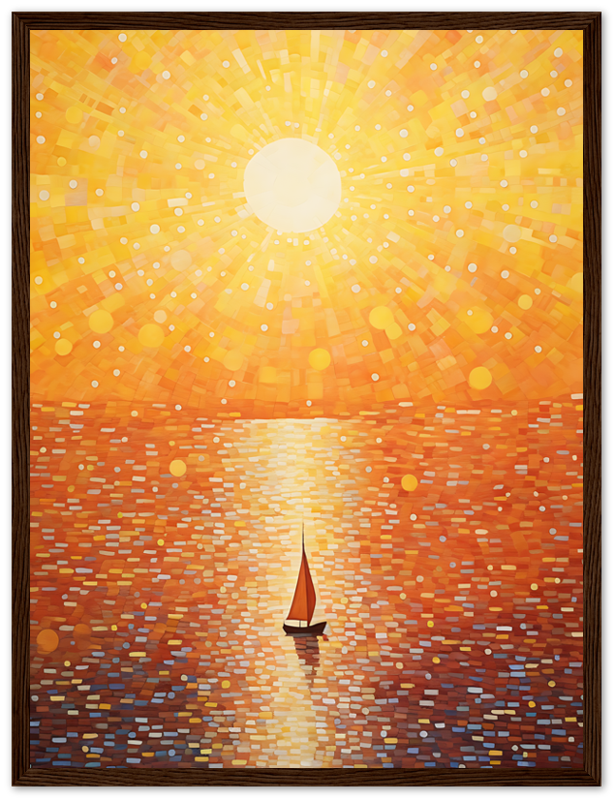 A vibrant painting of a sunset with a sailboat on water framed on a wall.