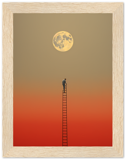 A person on a ladder reaching towards a large moon in a framed artwork with an orange gradient background.