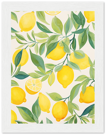 Lemon branch watercolor painting with yellow fruit and green leaves in a white frame.