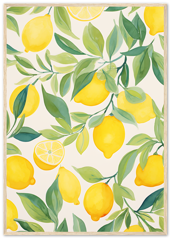 A vibrant illustration of lemons and leaves on a light background.