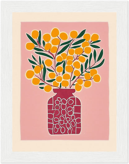 A framed illustration of a vibrant orange fruit plant in a patterned vase.