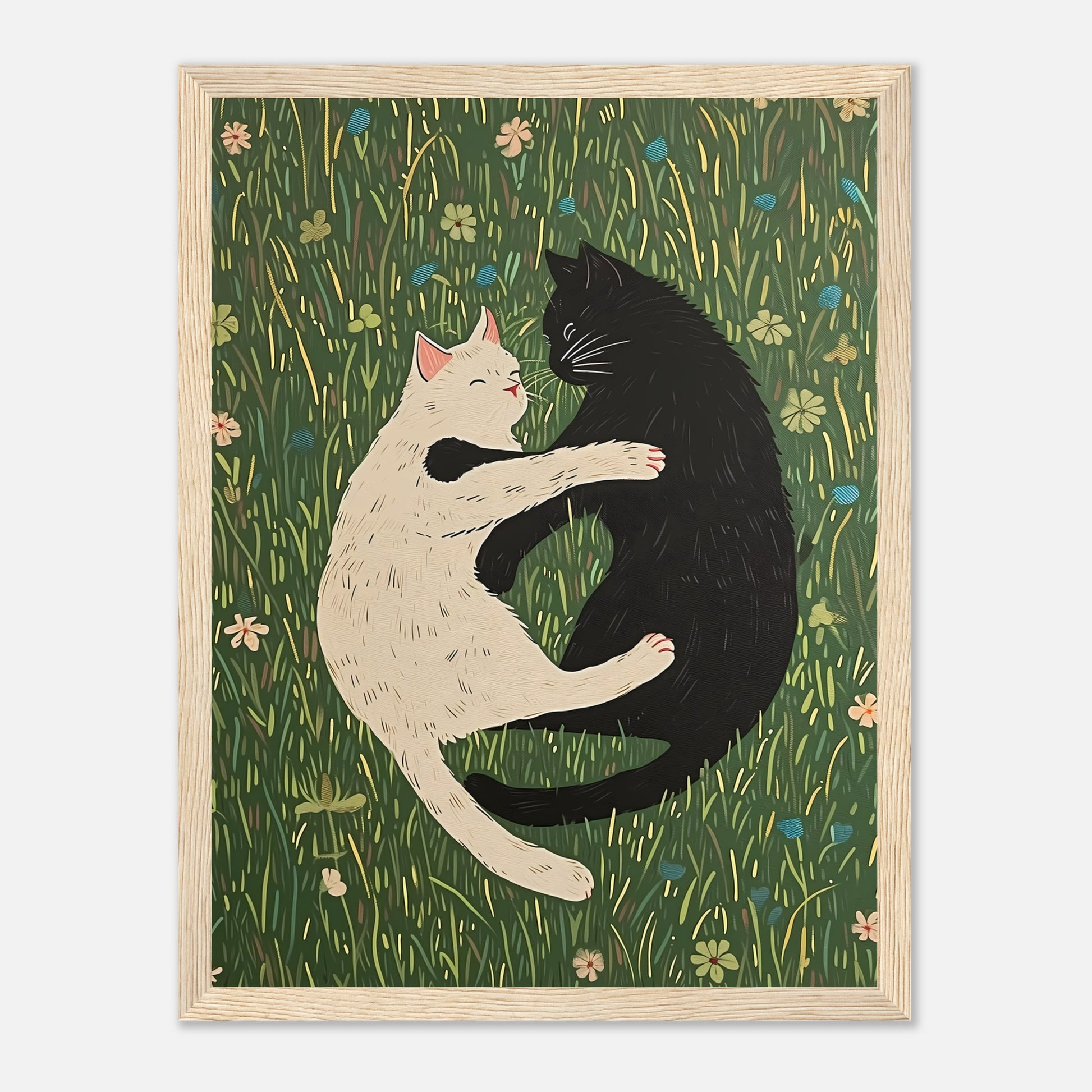 A painting of a white and a black cat hugging each other in a field of flowers.