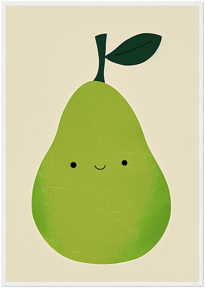 Illustration of a smiling green pear with a leaf in a brown frame.