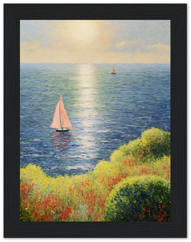 A framed painting of sailboats on a shimmering sea at sunset with colorful foliage in the foreground.