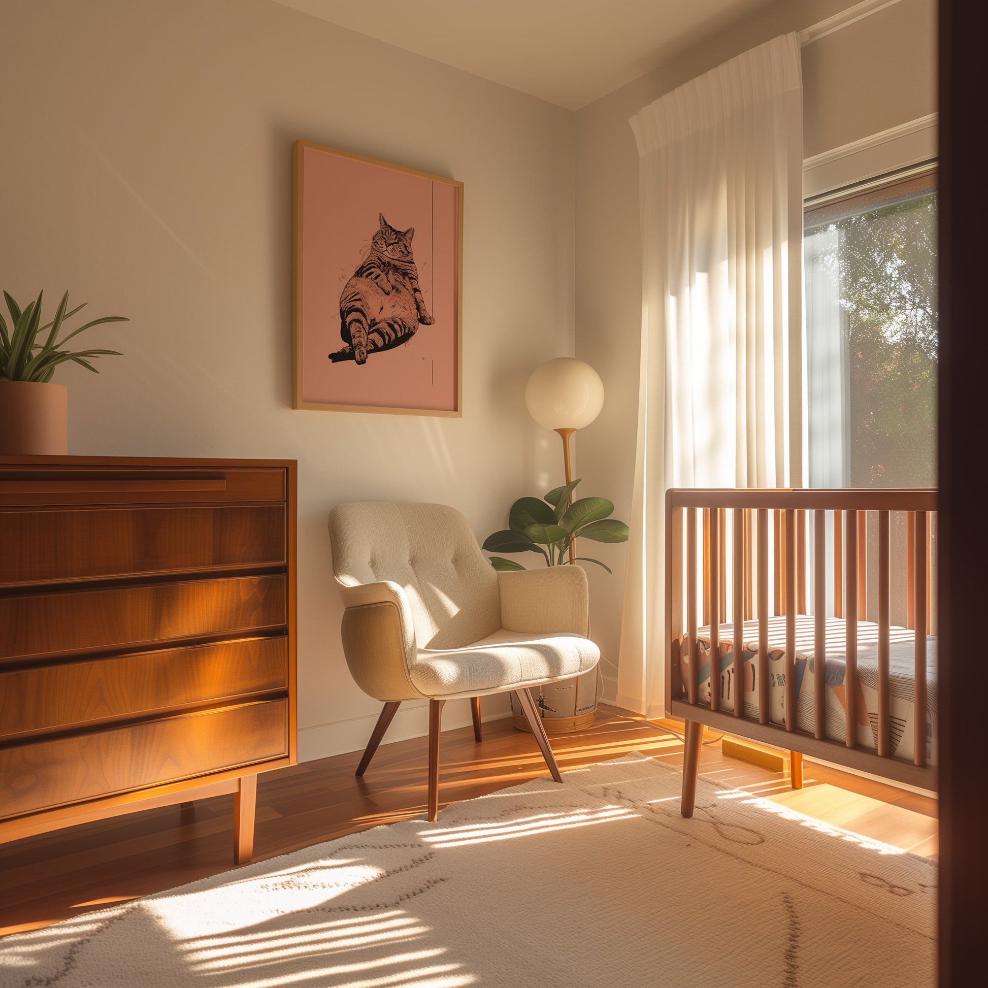 Cozy nursery room with a crib, armchair, and dresser during sunset.