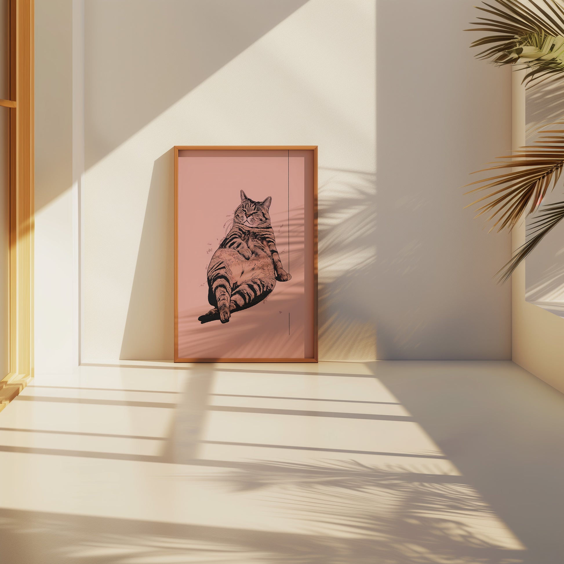 A framed illustration of a cat against a pink background in a room with sunlight and shadows.