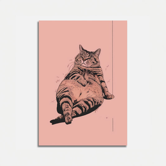 Illustration of a relaxed tabby cat lying on its back on a pink background.