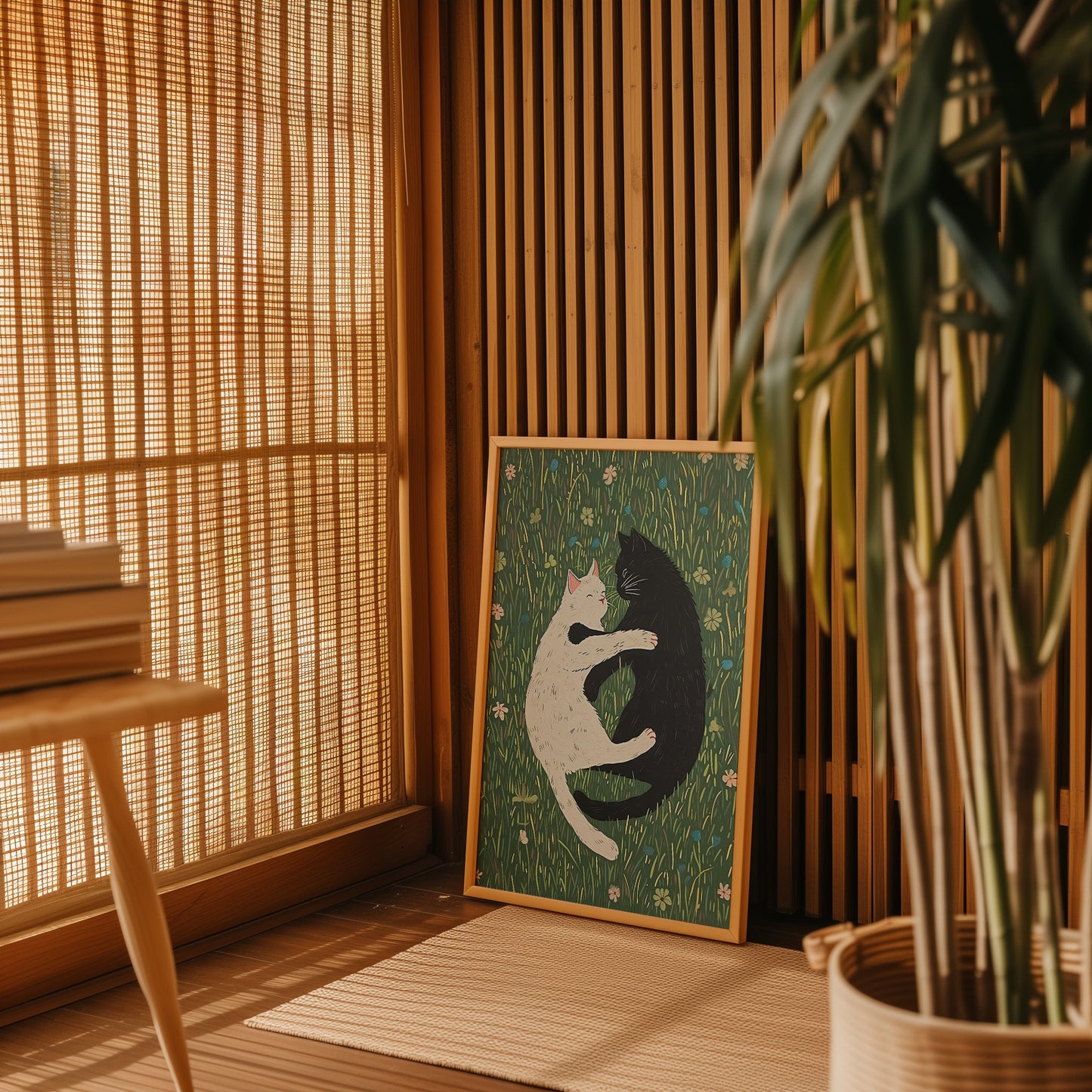 A painting of a white and black cat on a green background placed in a cozy room with plants and a bamboo shade.