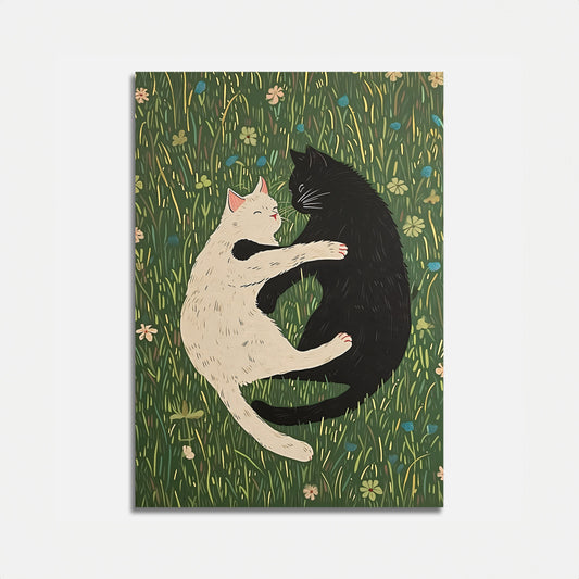 Illustration of a white and black cat embracing in a field of flowers.