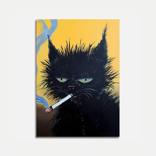 Artistic depiction of a black cat smoking a cigarette against a yellow background.