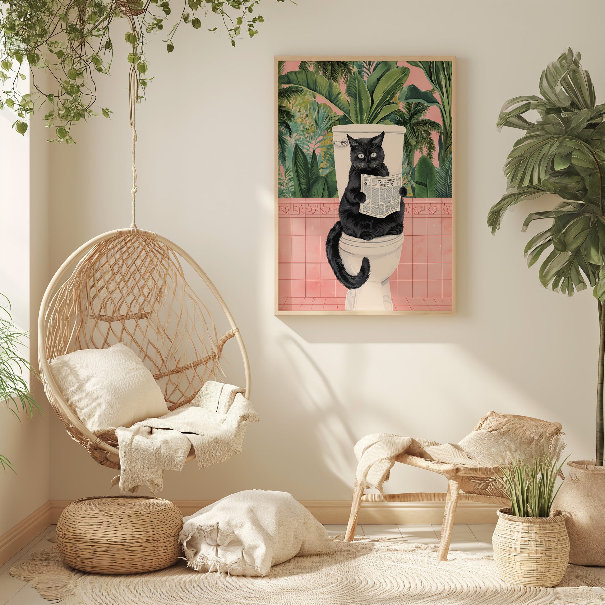 A cozy room with a hanging chair, potted plants, and a whimsical painting of a cat.