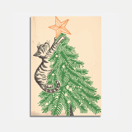 A cat climbing a Christmas tree to reach the star on top.