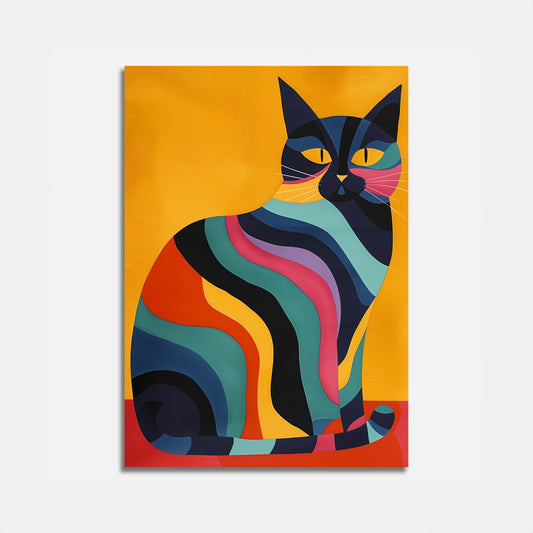 Colorful abstract painting of a cat with geometric patterns against an orange background.
