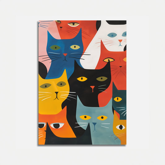 Colorful artistic illustration of multiple stylized cats on a vertical canvas.