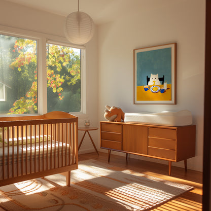 Sunlit nursery room with a crib, dresser, and framed cat painting by the window.