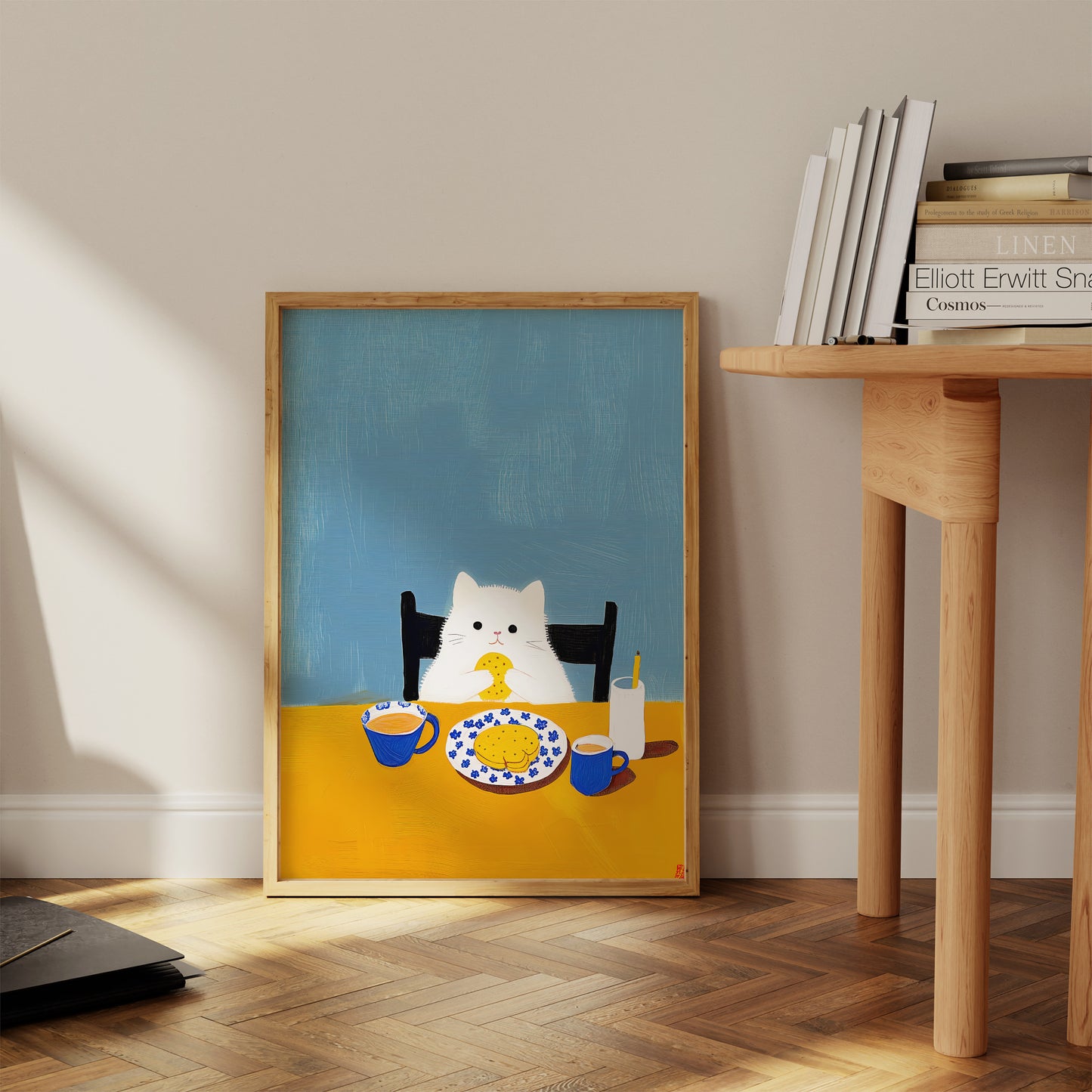 Painting of a white cat with a coffee cup on a sunny windowsill against a blue sky, leaning against a wall.