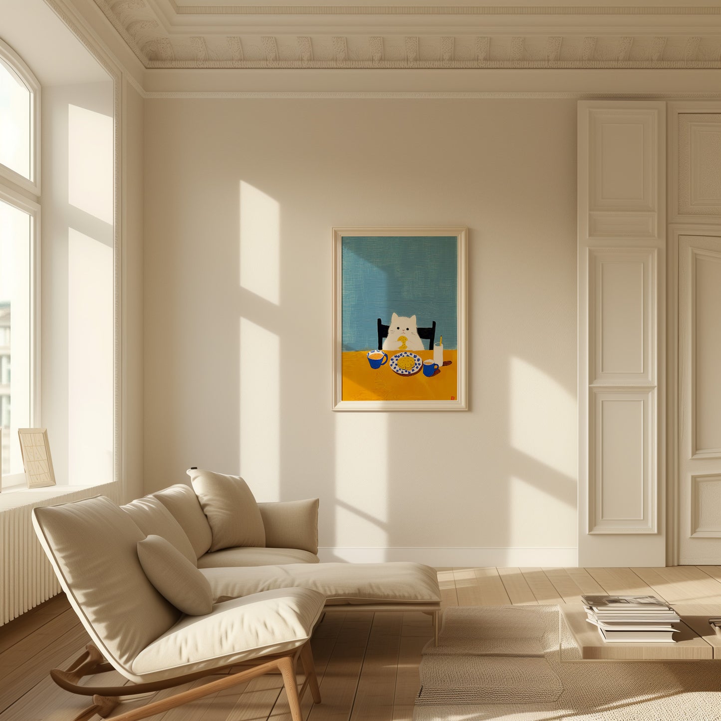 A cozy sunlit room with a modern sofa and a painting of a cat on the wall.