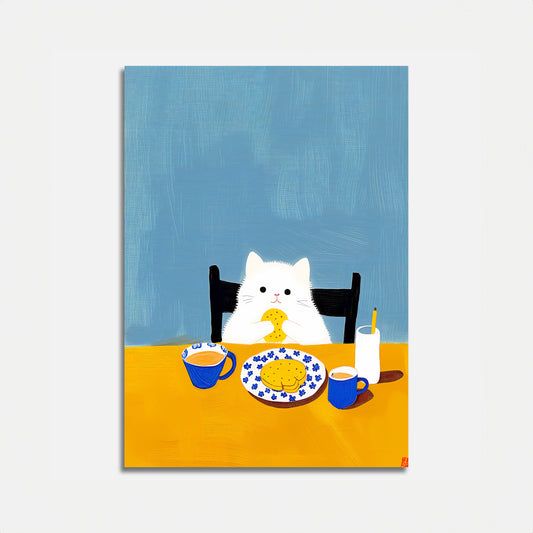 A painting of a white cat seated at a table with a plate of cookies and cups of tea.