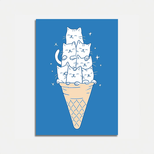 Illustration of three cats stacked in an ice cream cone on a blue background.