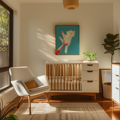 A cozy nursery room with a crib, a comfortable chair, and a plant under soft sunlight.