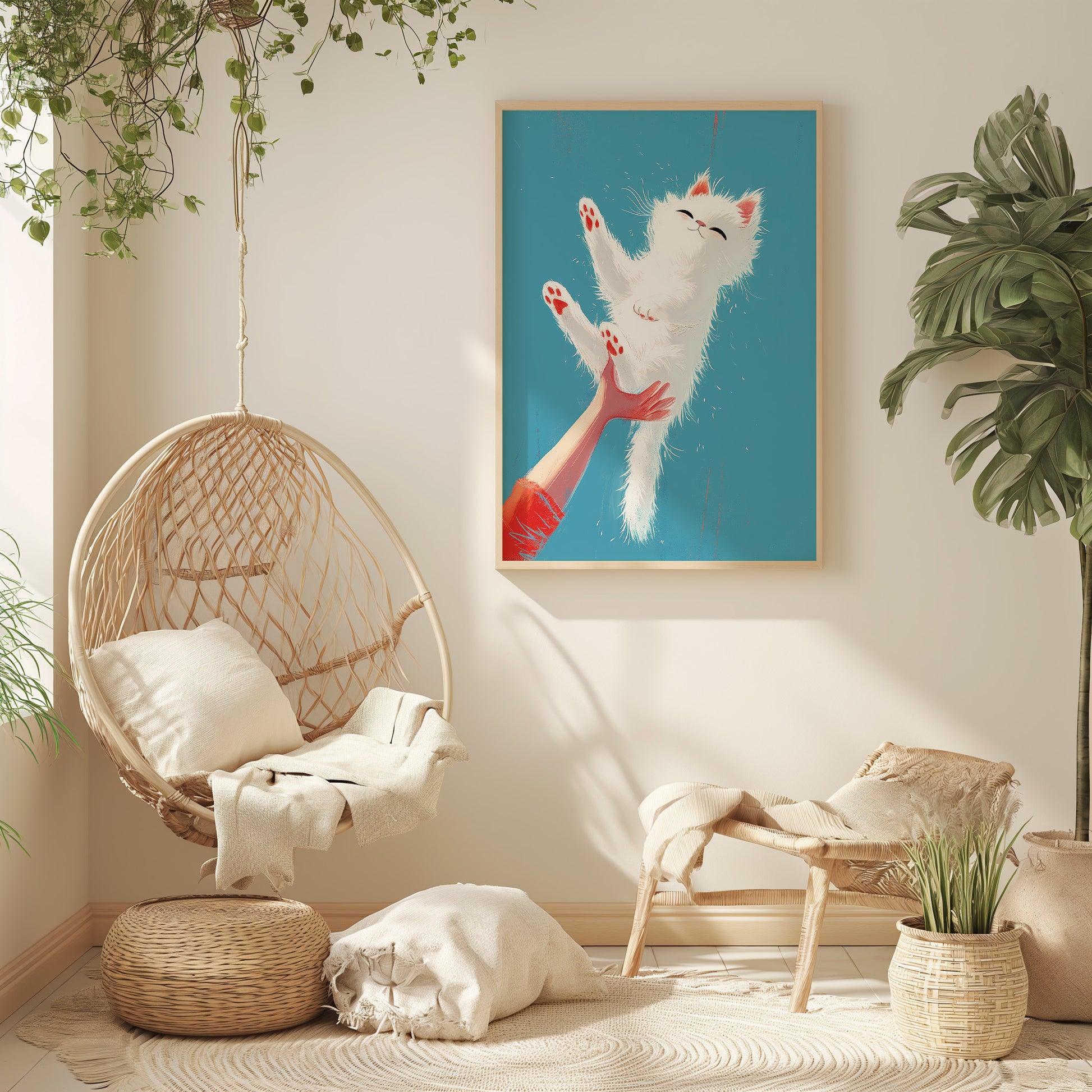 Modern room with a hanging chair, plants, and a playful cat art on the wall.