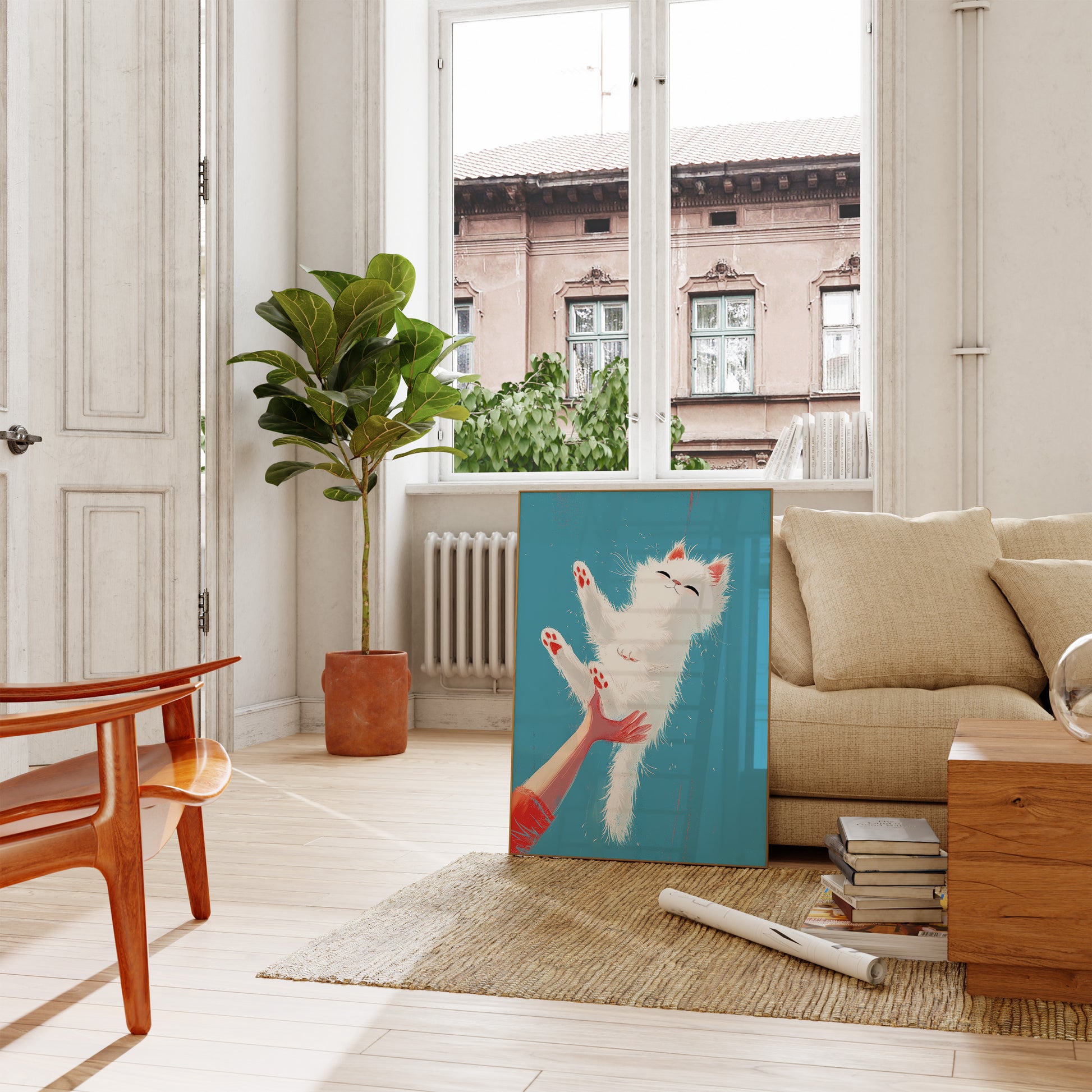 Bright living room with a sofa, a plant, and a playful cat painting leaning against the wall.