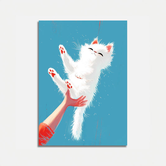 Illustration of a happy white kitten being gently tossed up in the air by a human hand.