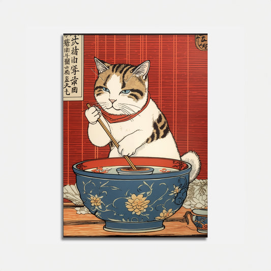 Illustration of a cat with chopsticks, eating from a decorated bowl against a patterned red background.