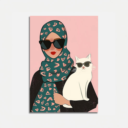 Illustration of a stylish woman with a hijab and sunglasses holding a cat with sunglasses.
