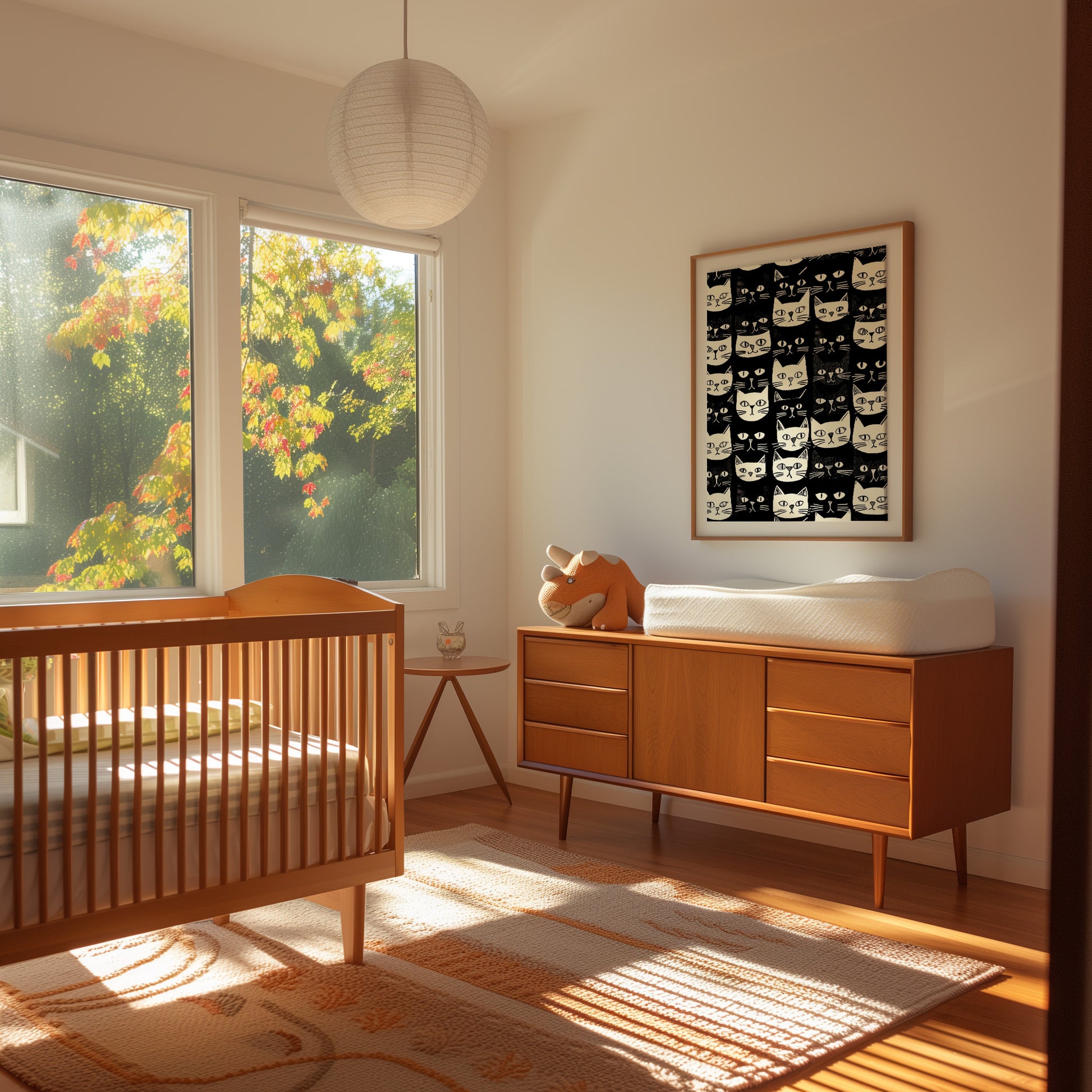 Cozy nursery room with crib, dresser, and autumn trees visible outside the window.