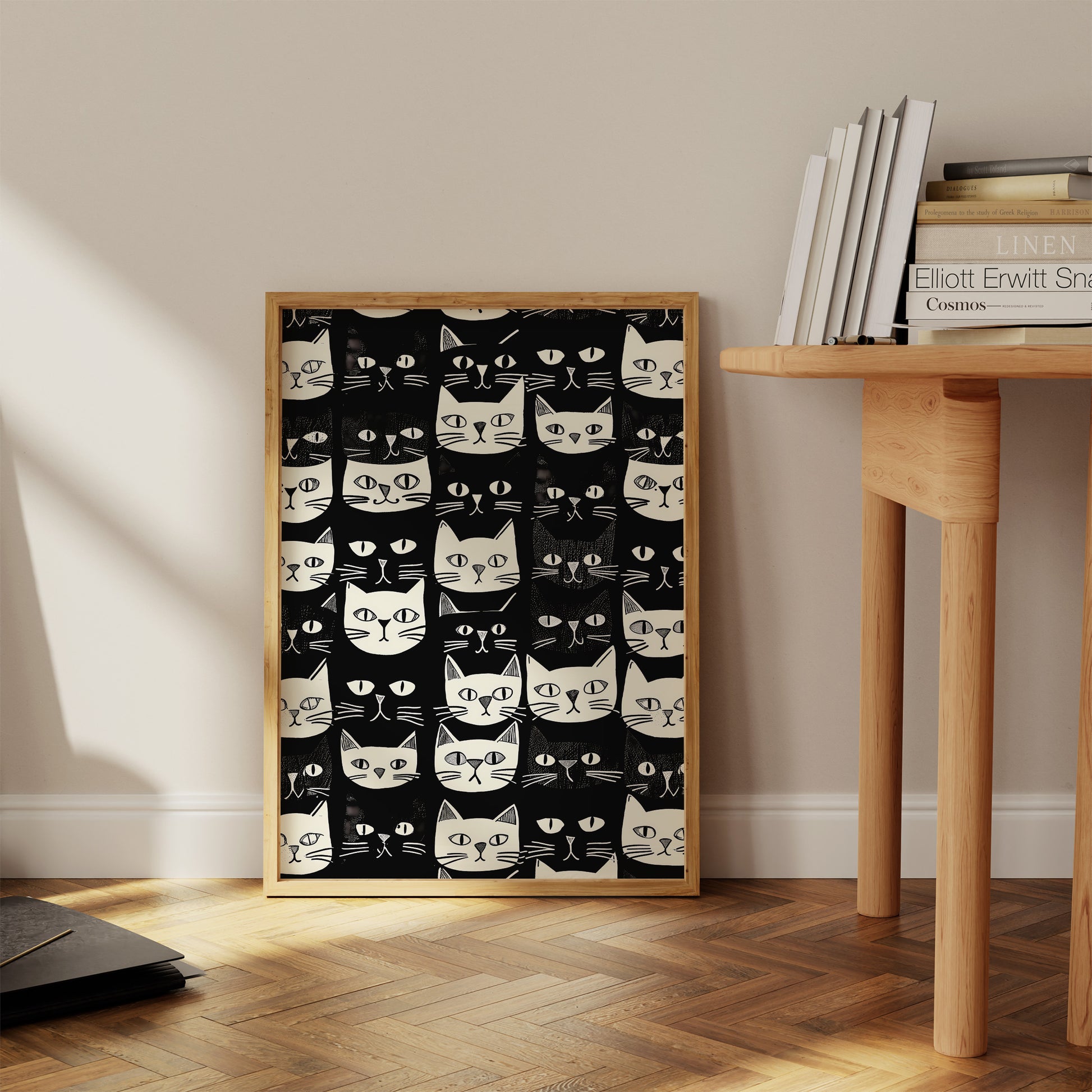 A radiator cover with a black and white cat design in a cozy room corner.
