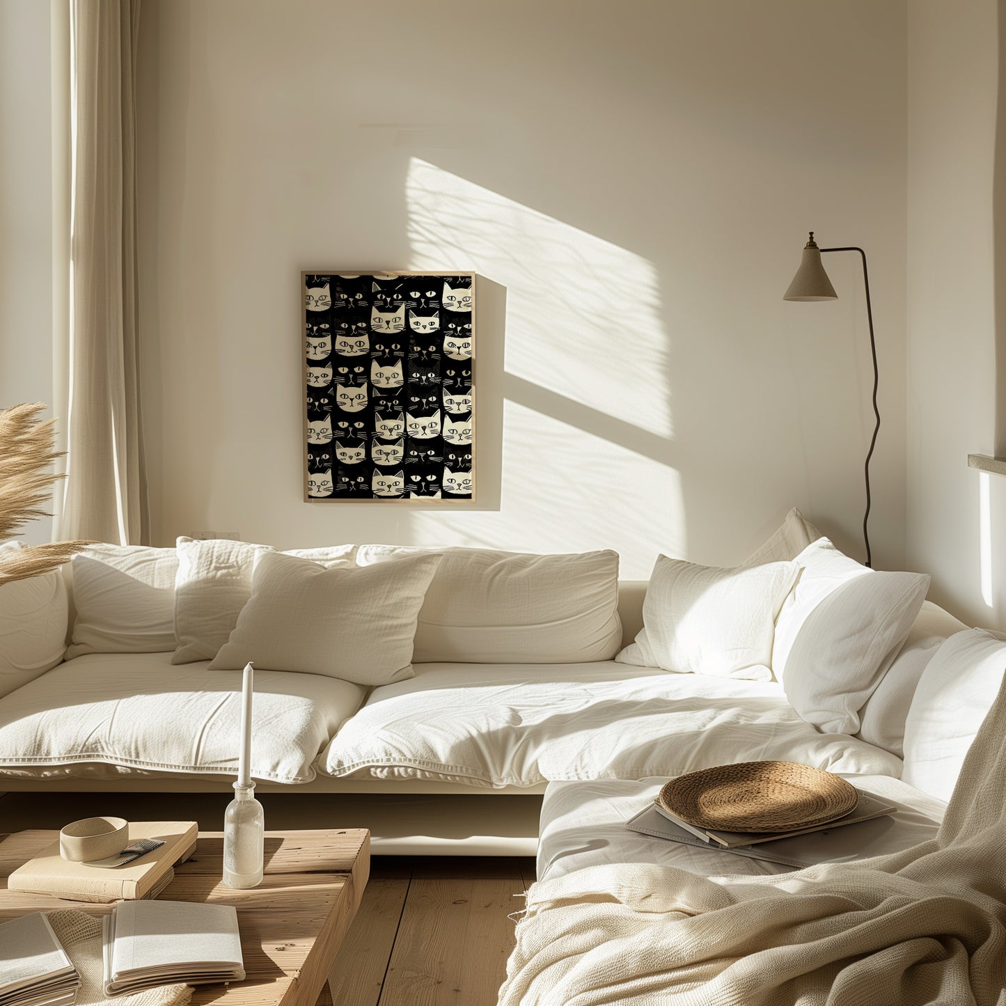 Sunny minimalistic living room with a white sofa, wooden floor, and wall art.