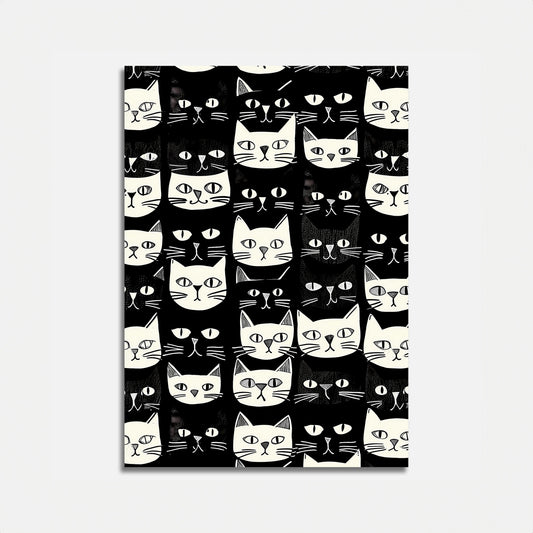 A poster with a pattern of stylized black and white cat faces.