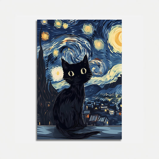 A stylized illustration of a black cat sitting in front of Van Gogh's Starry Night.