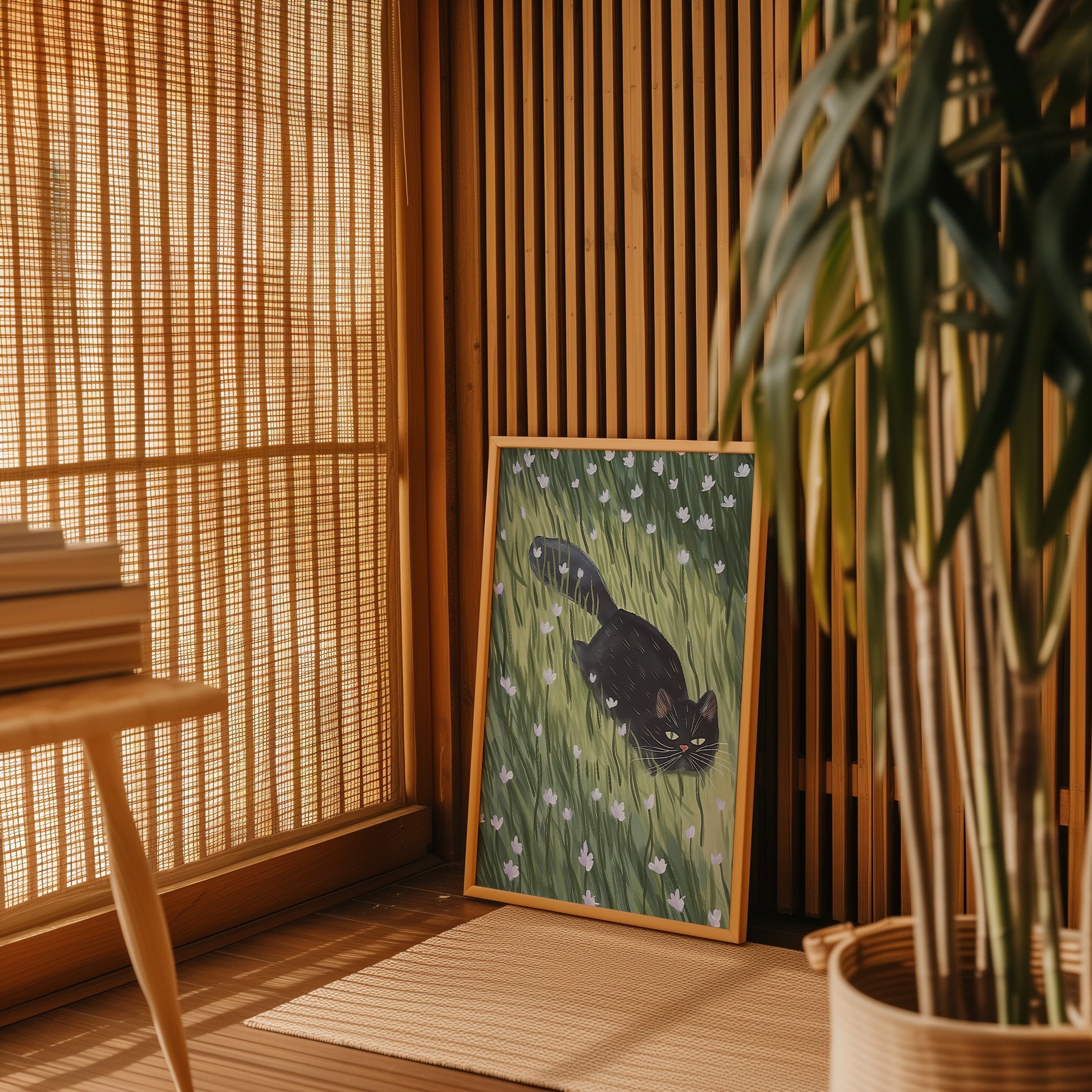 A painting of a black cat among green grass placed against a wall in a room with bamboo blinds.
