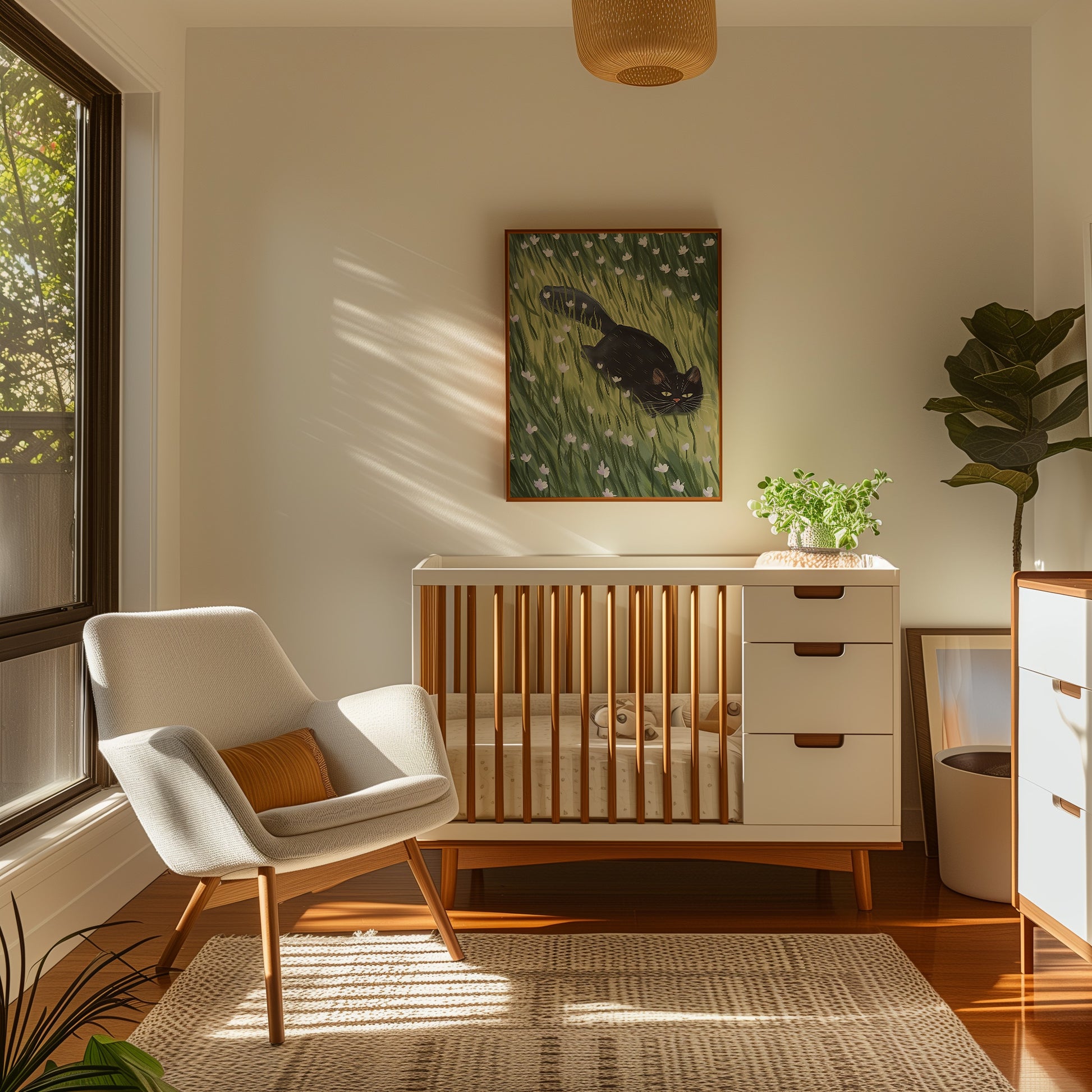 A cozy nursery room with a crib, armchair, and a plant under soft sunlight.