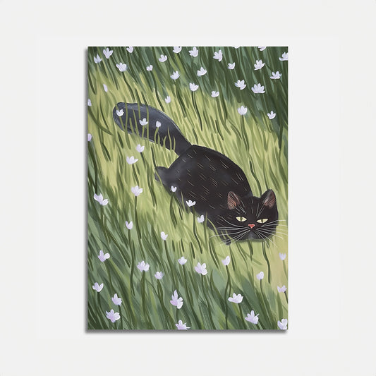 A black cat amidst green grass and white flowers on a painting.