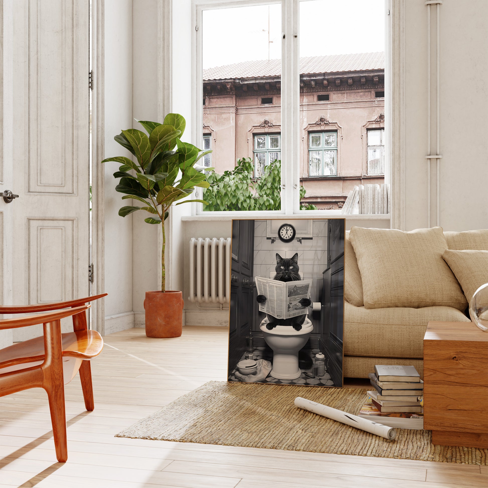 A spacious living room with a couch, wooden chair, and a humorous poster of a cat reading on a toilet.