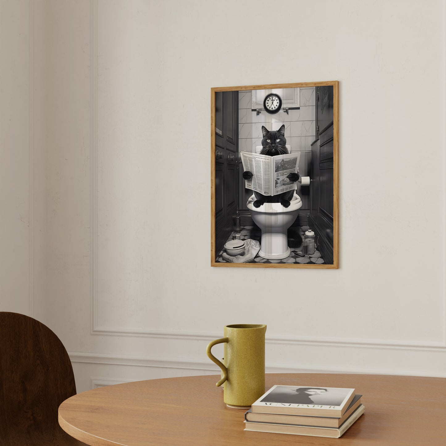 A framed picture of a cat in a bathroom hanging on a wall above a table with a mug and books.