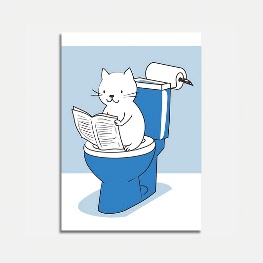 A cartoon image of a cat reading a newspaper while sitting on a toilet.