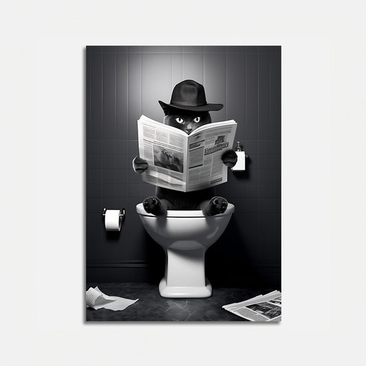 A humorous illustration of a cat in a hat reading a newspaper while sitting on a toilet.