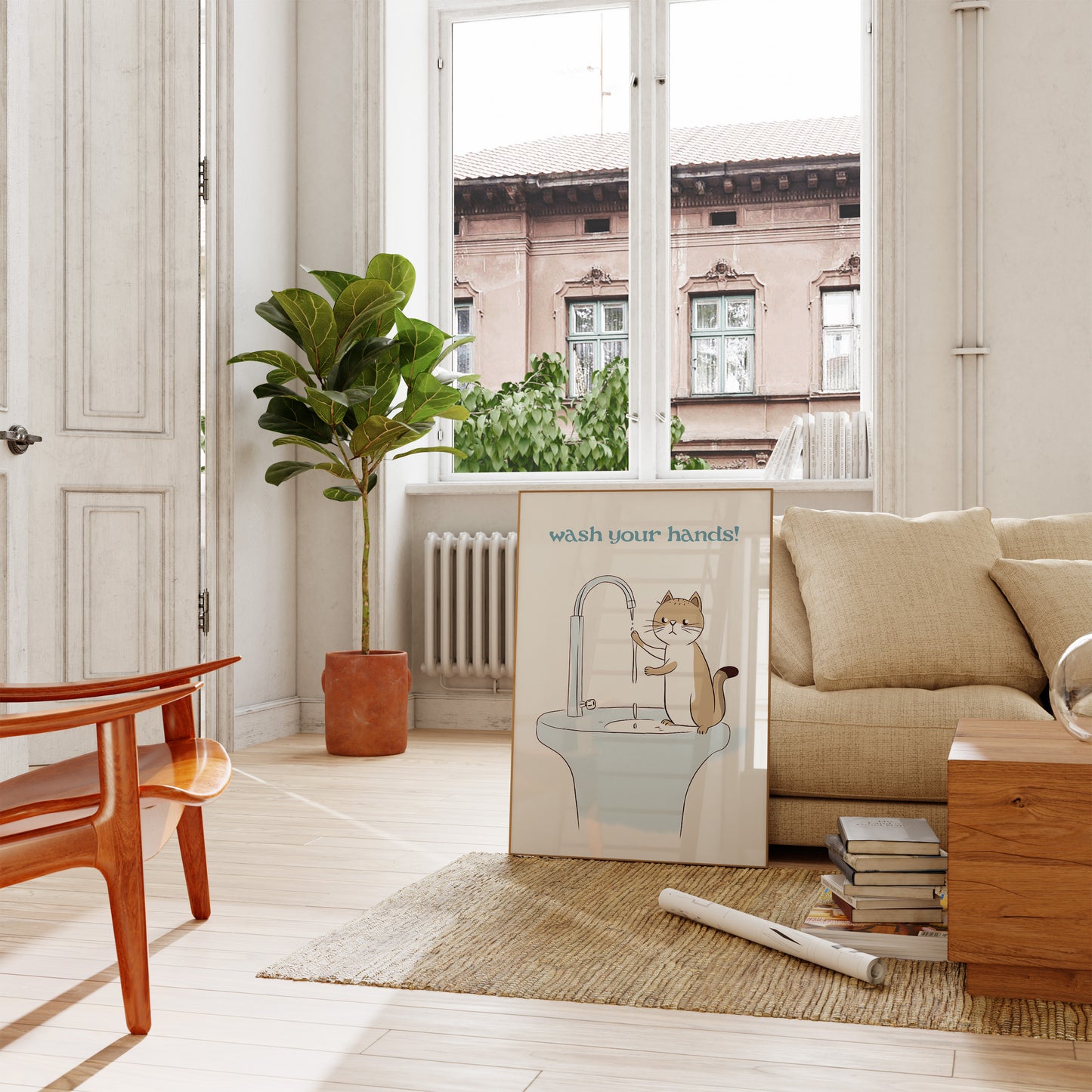 Cozy living room with a "wash your hands" poster, a plant, and furniture.