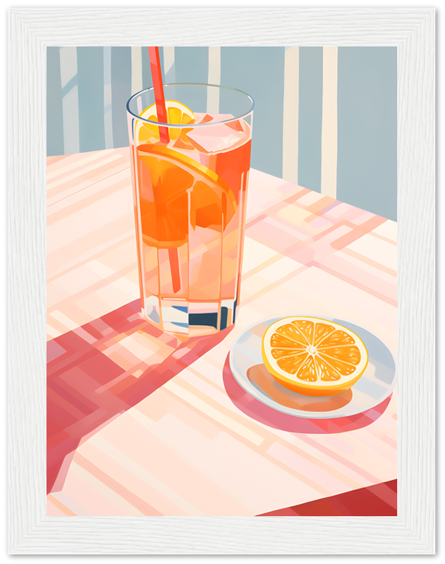 Iced drink with lemon slice in a tall glass and a lemon half on a plate, framed artwork.
