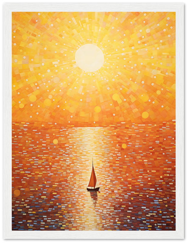 A painting of a sailboat on water at sunset with radiant sunbeams.