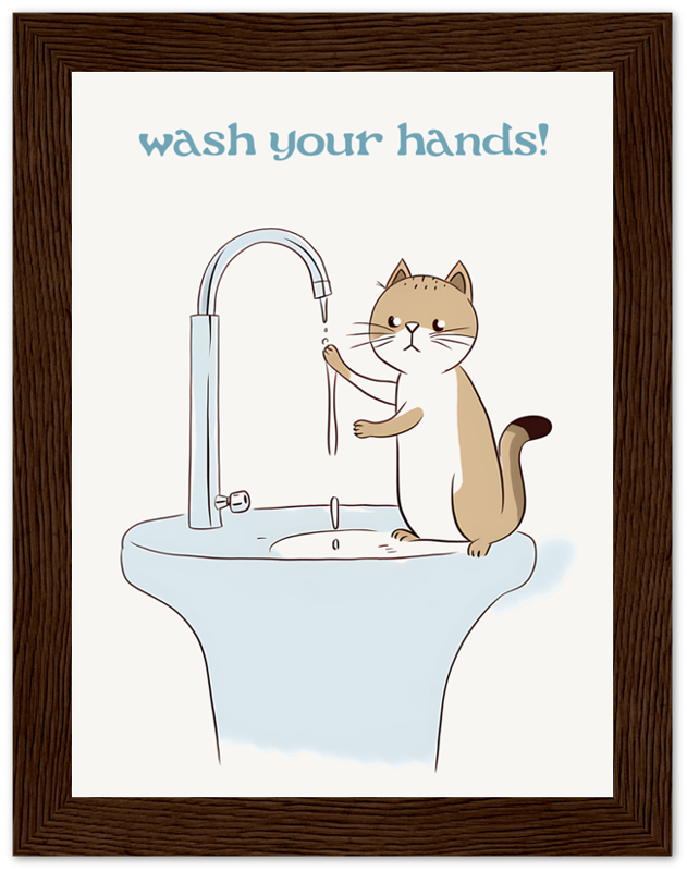 Illustration of a cat washing its paw under a sink tap with the phrase "wash your hands!" above it.