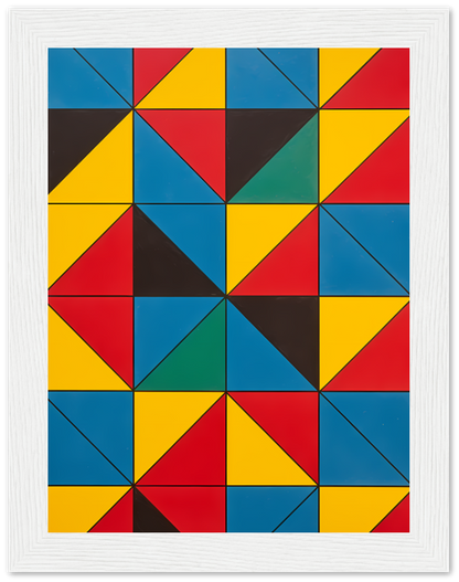 A colorful geometric abstract painting with a pattern of triangles in a grid, framed on a wall.