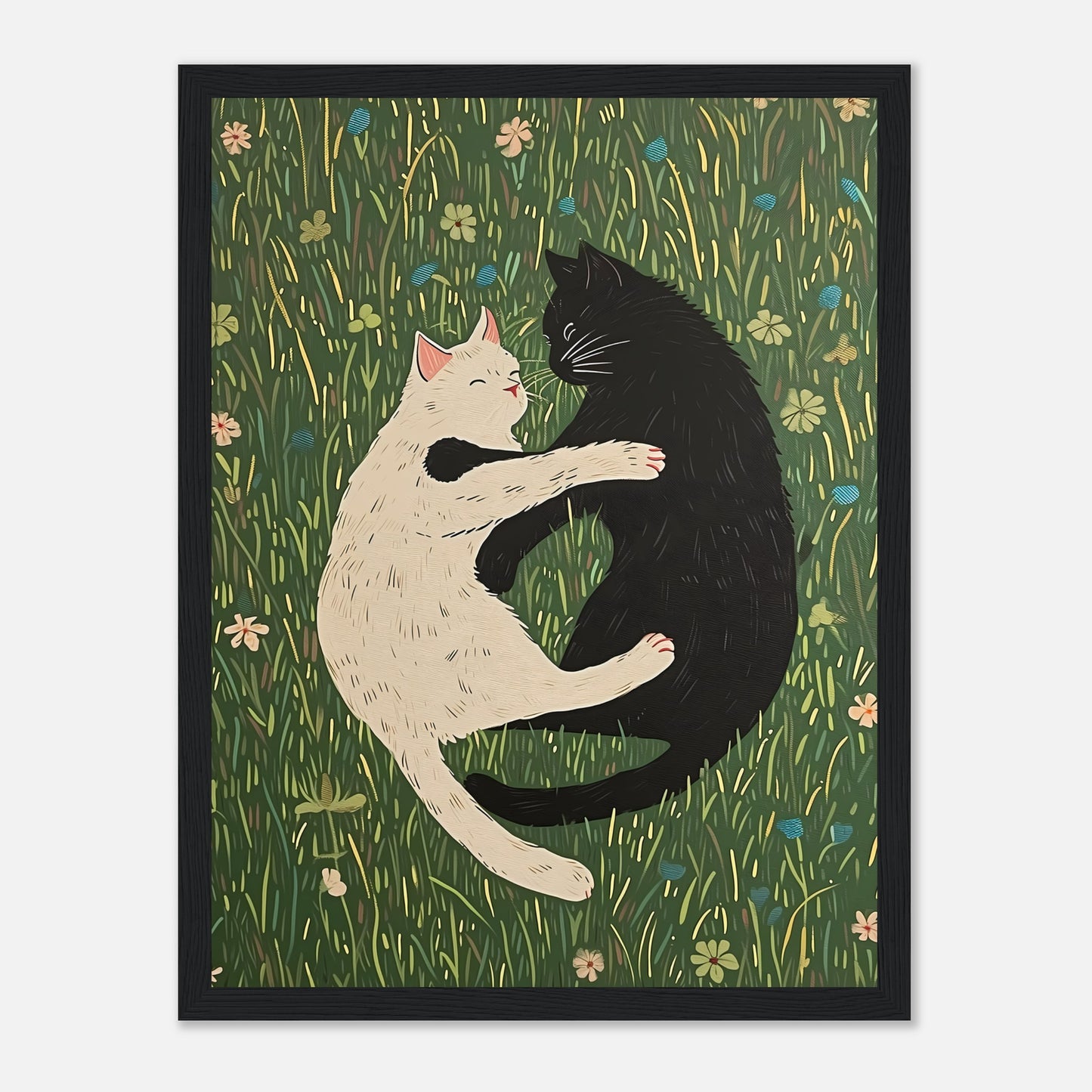 A painting of a white and a black cat hugging each other in a field of flowers.