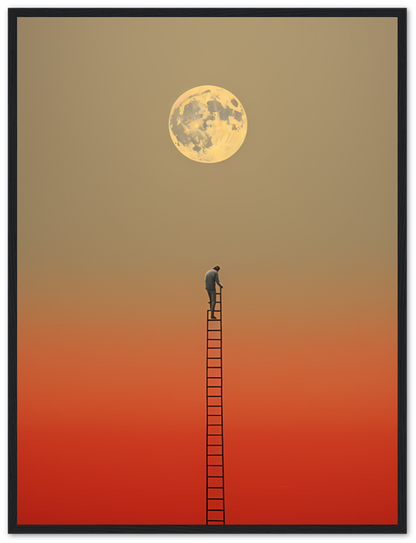 Person on a ladder reaching towards a large moon in a red sky.