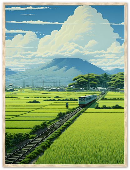Illustration of a train traveling through a vibrant, rural landscape with mountains and a large cloud in the background.